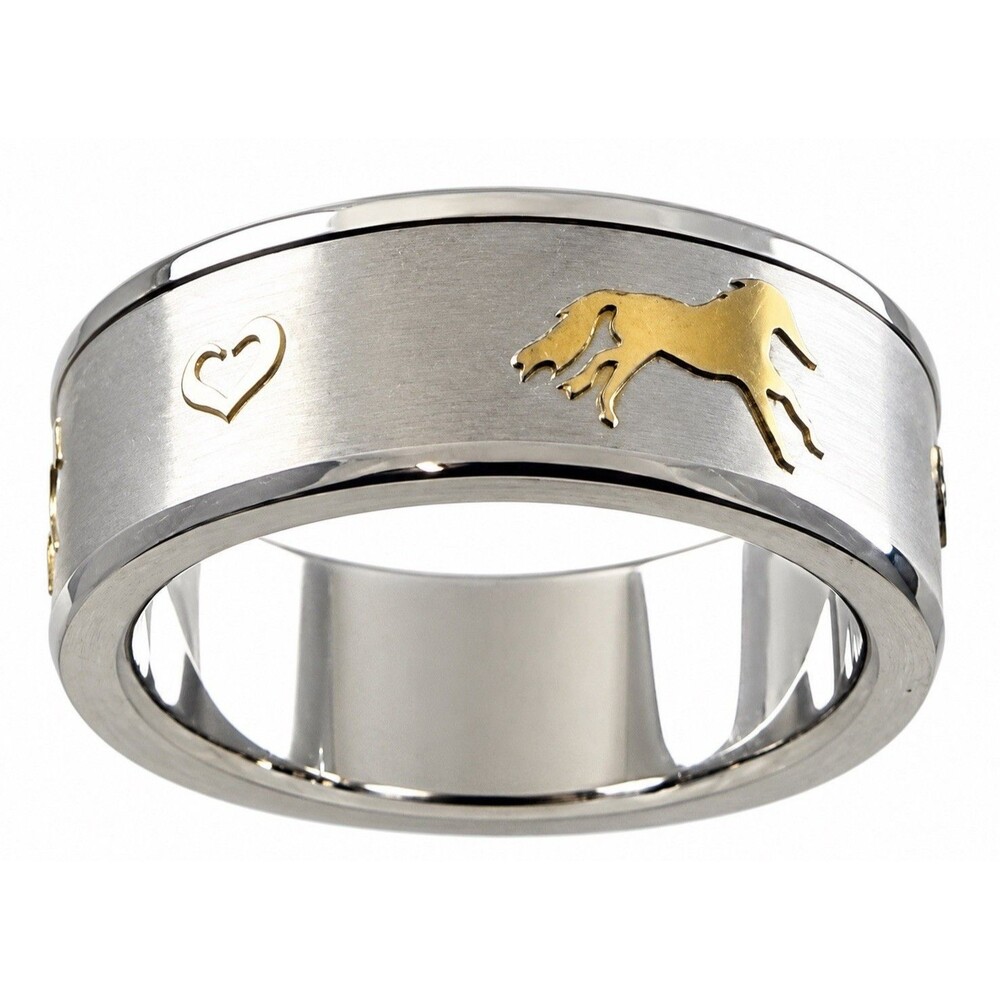 Wild At Heart Equestrian Ring Stainless Steel Two Tone Horse Lover Heart Band